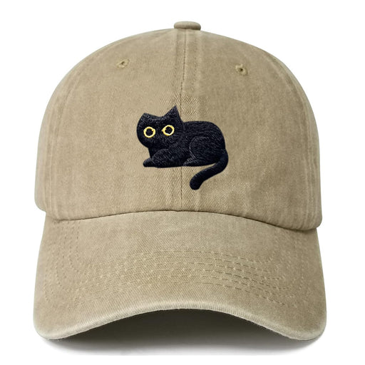 Khaki washed cotton dad hat with embroidered black cat with yellow eyes on front panel
