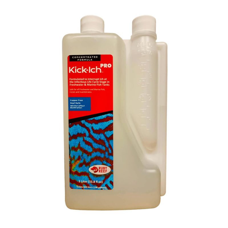 Ruby Reef Kick-Ich Pro fish treatment bottle showing red label with coral graphics and brand logo