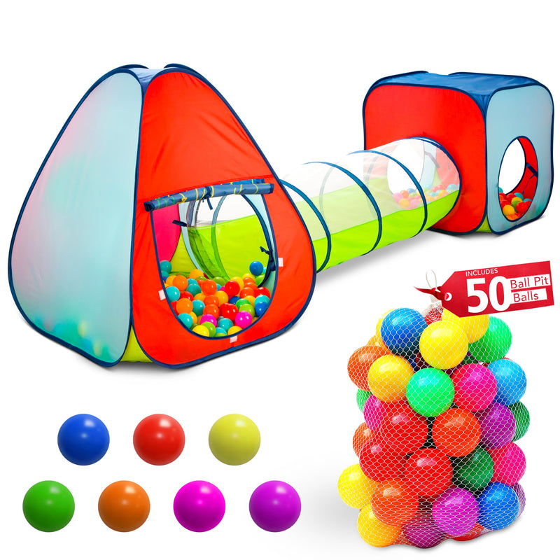 Colorful kids play tent with crawl tunnel cube and 50 multicolor ball pit balls included