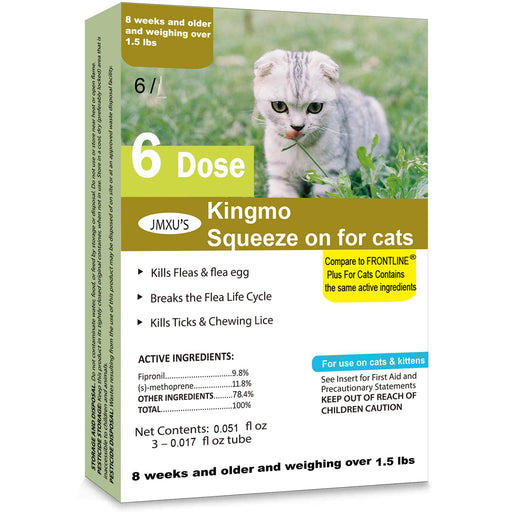Kingmo flea treatment package showing 6 dose tubes for cats with kitten photo on green background