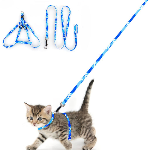 Blue camouflage cat harness and leash set shown assembled and modeled on tabby kitten
