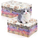 Gray and white kitten sitting between stacks of colorful coral velvet pet blankets