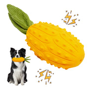 Yellow textured kiwano-shaped dog toy with green rope leaves next to black and white Border Collie