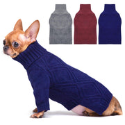 Dog sweater color options in grey, burgundy, and navy blue knit turtleneck styles