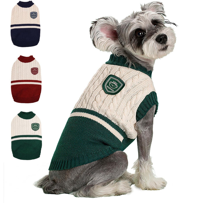Small gray dog wearing green and cream knitted sweater with three color variations shown on left
