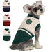 Small gray dog wearing green and cream knitted sweater with three color variations shown on left