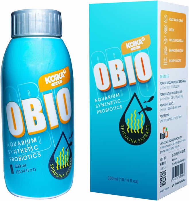 Blue KOIKA OBIO aquarium probiotic bottle next to its turquoise and orange retail packaging box