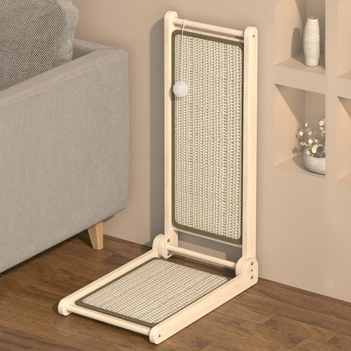 L-shaped wooden cat scratcher with woven rattan panels and white ball toy in modern living room