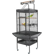 Large wrought iron bird cage with two colorful parrots perched inside on wooden perches