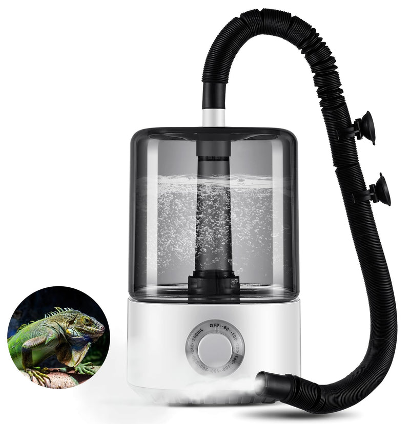 White reptile humidifier with clear water tank, control dial, and flexible black hose with