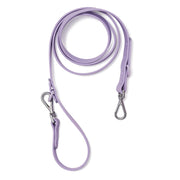Lavender flex-poly dog leash with two silver swivel clips laid flat showing full length