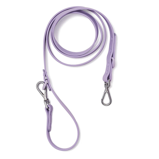 Lavender flex-poly dog leash with two silver swivel clips laid flat showing full length