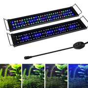 Two LED aquarium lights with colorful spectrum display and four aquarium photos showing