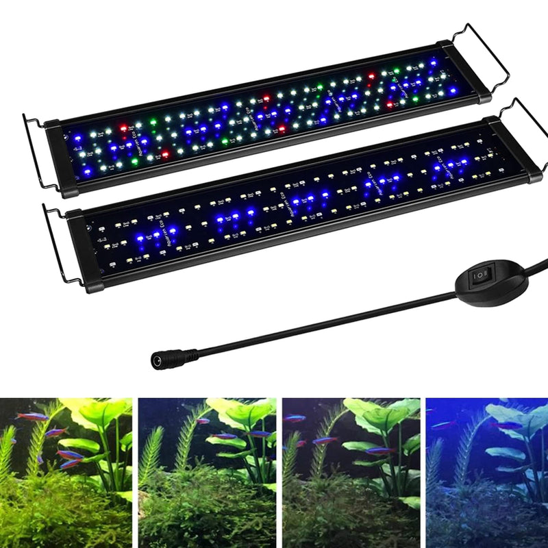Two LED aquarium lights with colorful spectrum display and four aquarium photos showing
