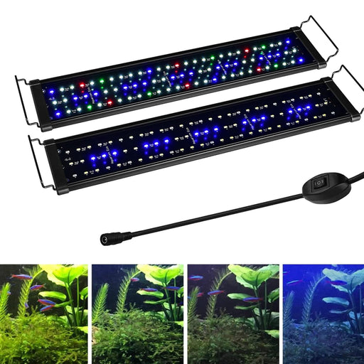 Two LED aquarium lights with multicolored and blue spectrum settings, power cord, four lighting