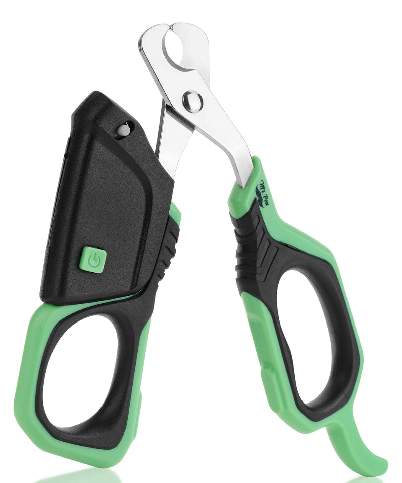 Green and black LED cat nail clippers with ergonomic handles and metal cutting blade