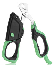 Green and black LED cat nail clippers with sheath cover and ergonomic grip handles