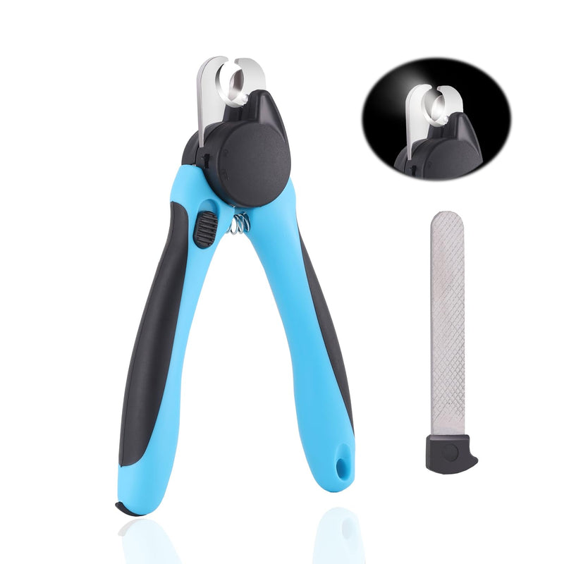 Blue LED dog nail clippers with safety features and nail file attachment detail view