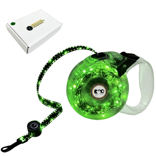 Green LED retractable dog leash with glowing handle and cord next to white product box