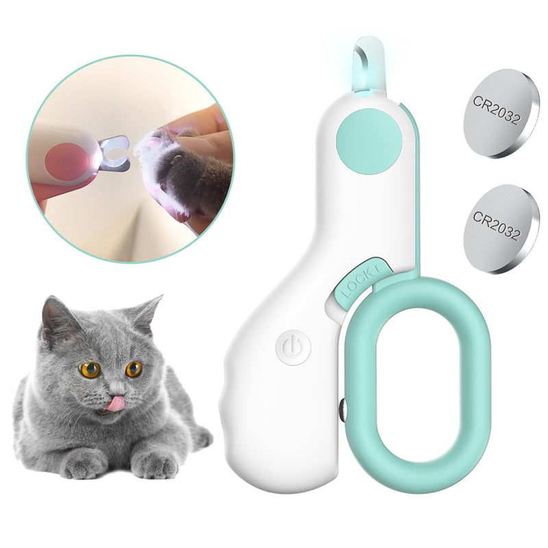 White and mint green LED pet nail clippers with gray cat and CR2032 batteries shown