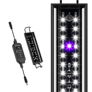 LED reptile light with controller showing bright white and purple UV bulbs in illuminated strip