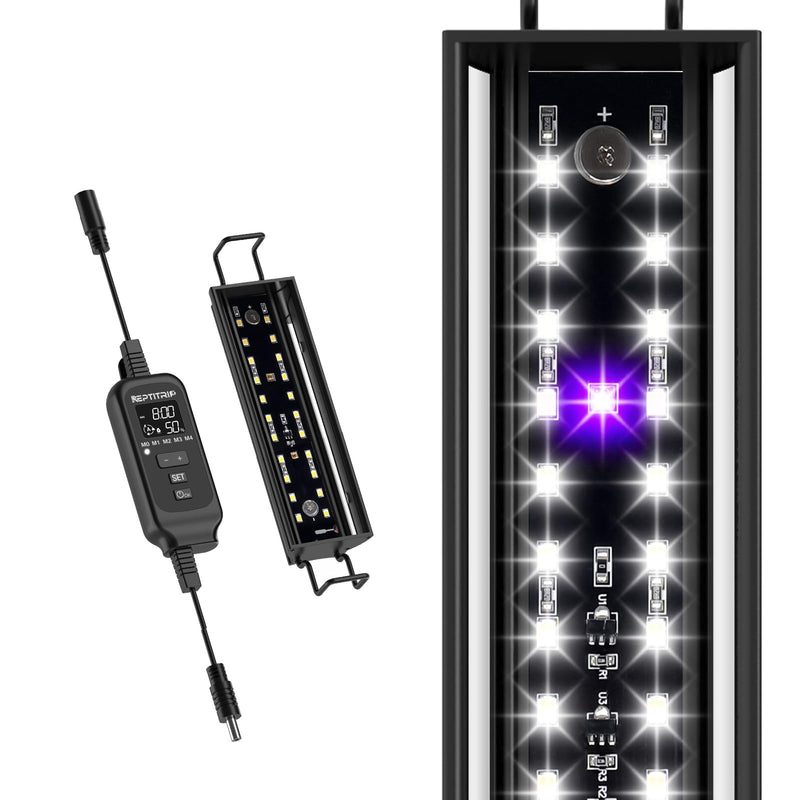 LED reptile light with controller showing bright white and purple UV bulbs in illuminated strip