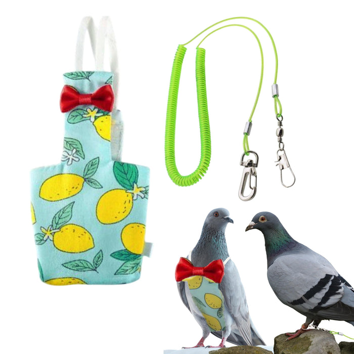 Turquoise bird harness with yellow lemon print and red bow tie, shown with green coiled leash