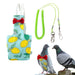 Turquoise bird harness with yellow lemon print and red bow tie, shown with green coiled leash