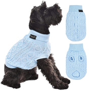 Light blue cable knit dog sweater shown on black terrier with two flat lay views