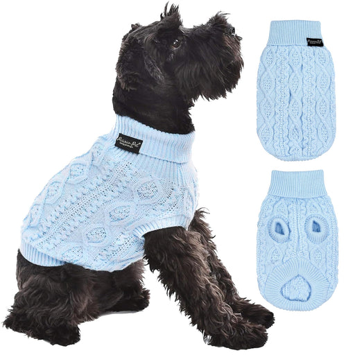 Light blue cable knit dog sweater shown on black terrier with two flat lay views