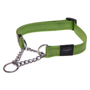 Lime green reflective martingale dog collar with chain and metal rings on white background