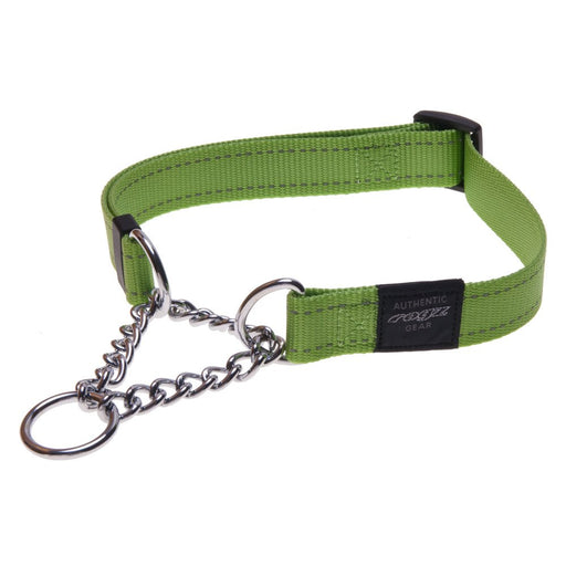 Lime green reflective martingale dog training collar with chain and metal hardware on white