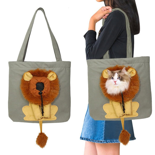 Woman carrying gray canvas tote bag with lion design featuring orange mane and drawstring tail