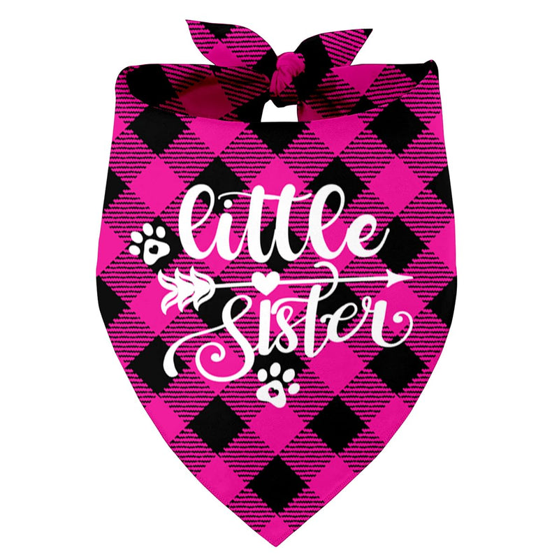 Hot pink and black buffalo plaid dog bandana with Little Sister script and paw prints