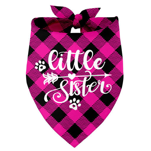 Hot pink and black buffalo plaid dog bandana with Little Sister script and paw prints