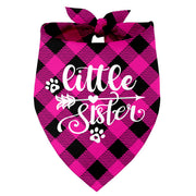 Pink black buffalo plaid dog bandana with Little Sister text and paw prints