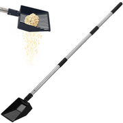 Black metal cat litter scoop with telescoping handle shown sifting litter on white background