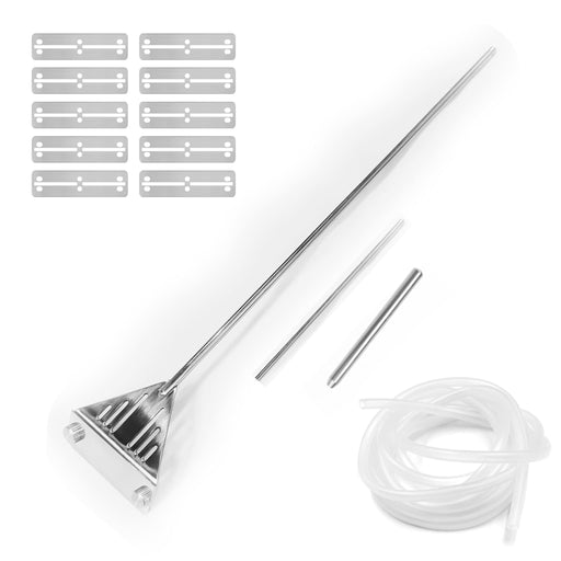 Chrome aquarium algae scraper with replacement blades, tubing and accessories laid out