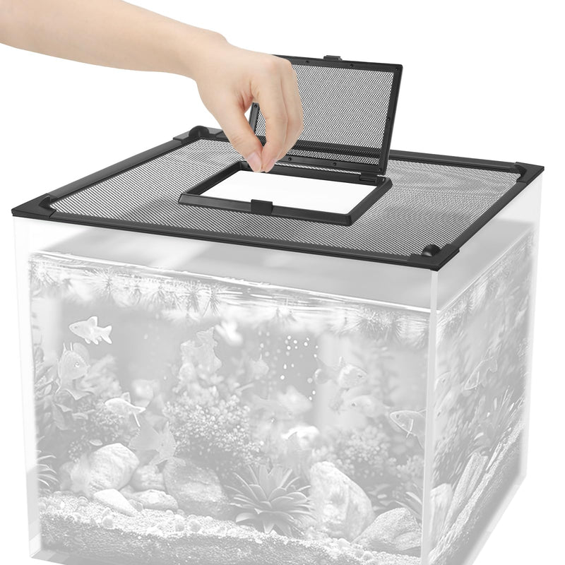 Hand opening magnetic mesh feeding window on black aquarium lid over glass fish tank
