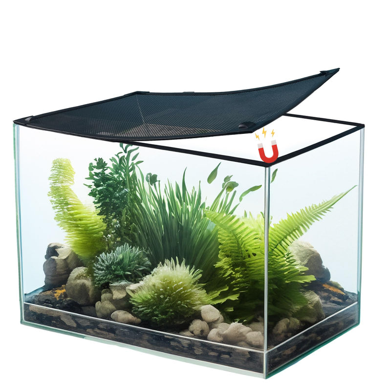 Clear glass aquarium with magnetic mesh cover, green aquatic plants and rocks inside