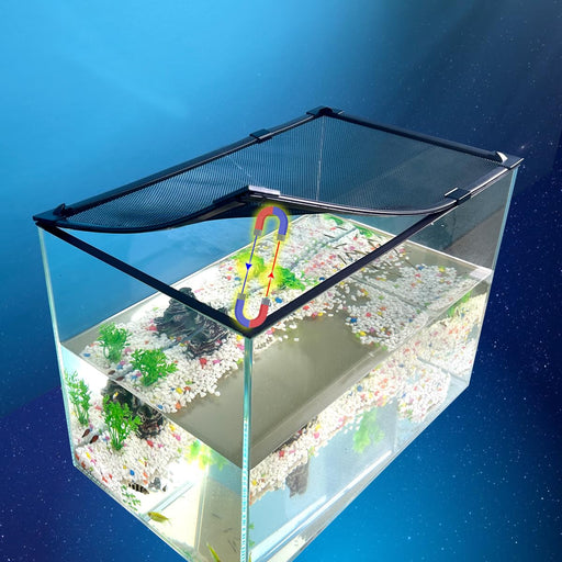 Glass aquarium tank with magnetic mesh cover, colorful gravel and plants visible inside