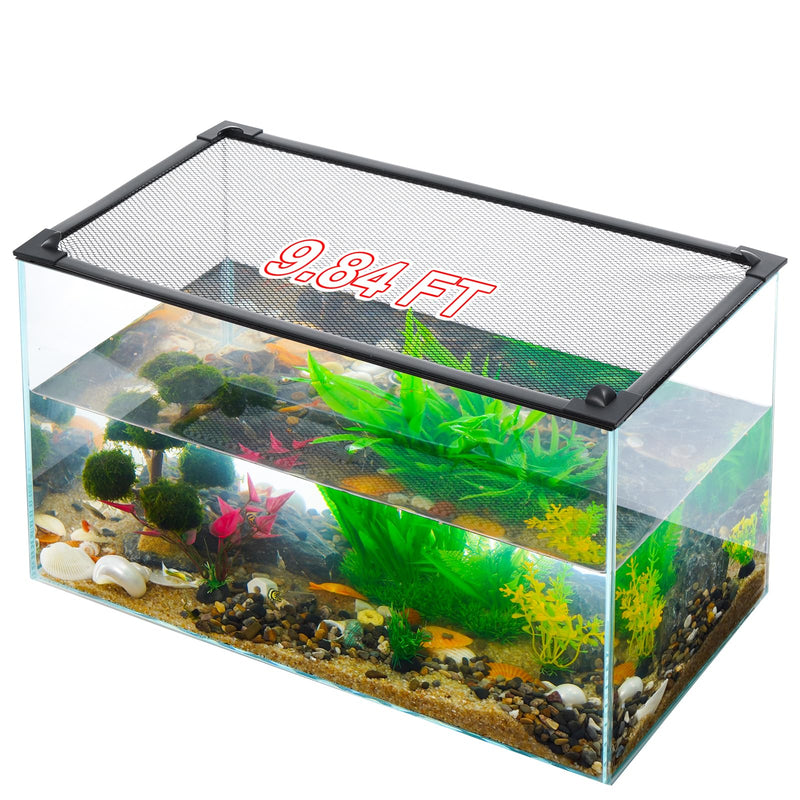Glass aquarium with mesh lid cover featuring artificial plants, gravel substrate, and decorations