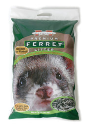 Green bag of Marshall Premium Ferret Litter featuring close-up ferret face with dark eyes and