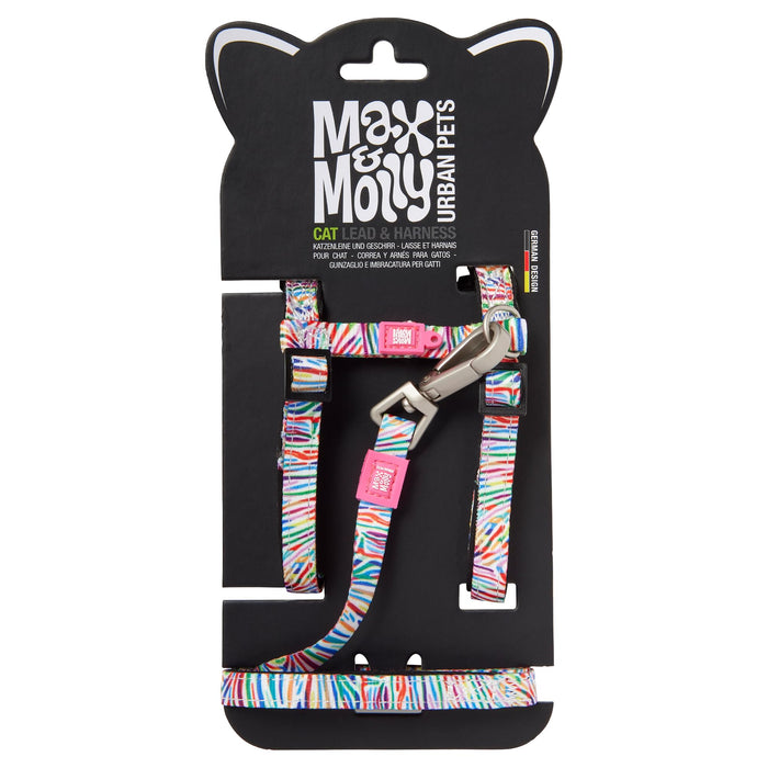 Max & Molly colorful striped cat harness and leash set displayed on black retail packaging