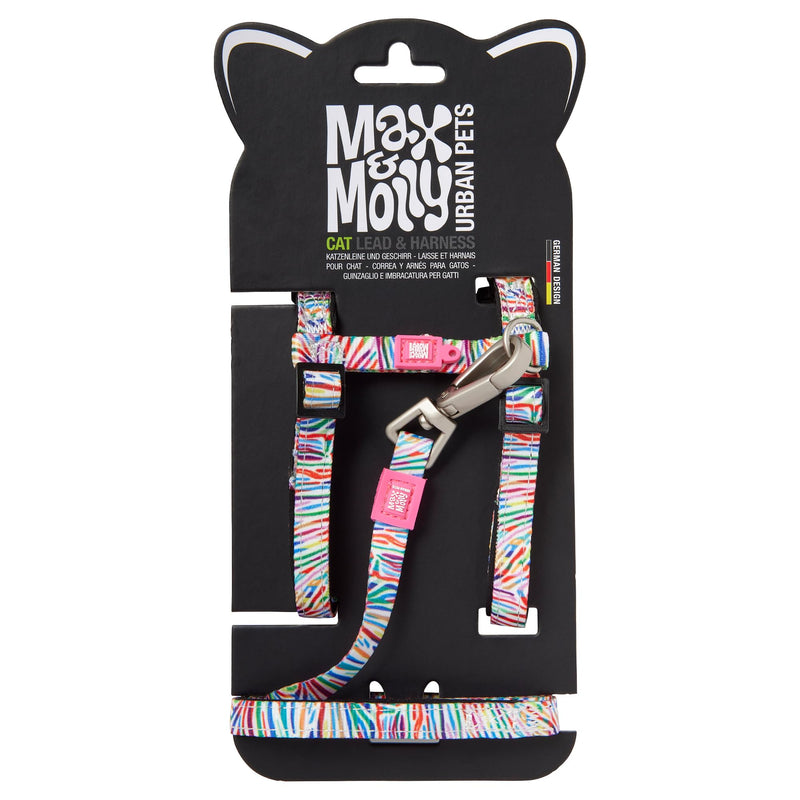 Colorful striped cat harness and leash set in retail packaging with Max & Molly branding