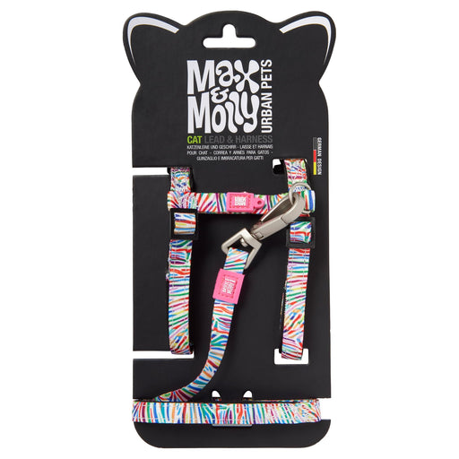 Colorful striped cat harness and leash set in retail packaging with Max & Molly branding