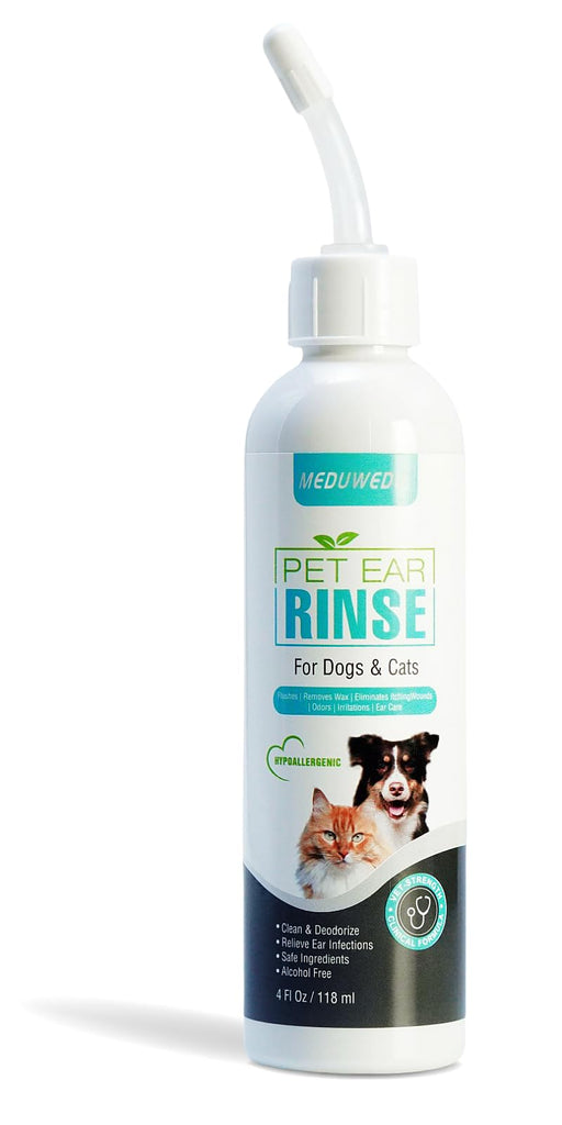 White bottle of MEDUWED Pet Ear Rinse with curved nozzle, showing dog and cat on label