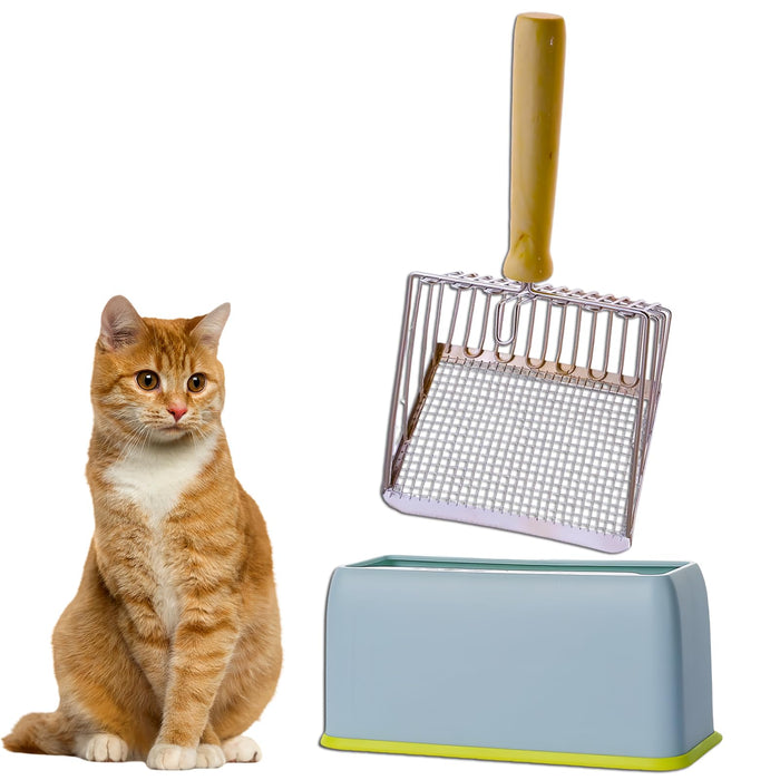 Orange tabby cat sitting next to metal litter scoop with mesh basket and blue storage stand