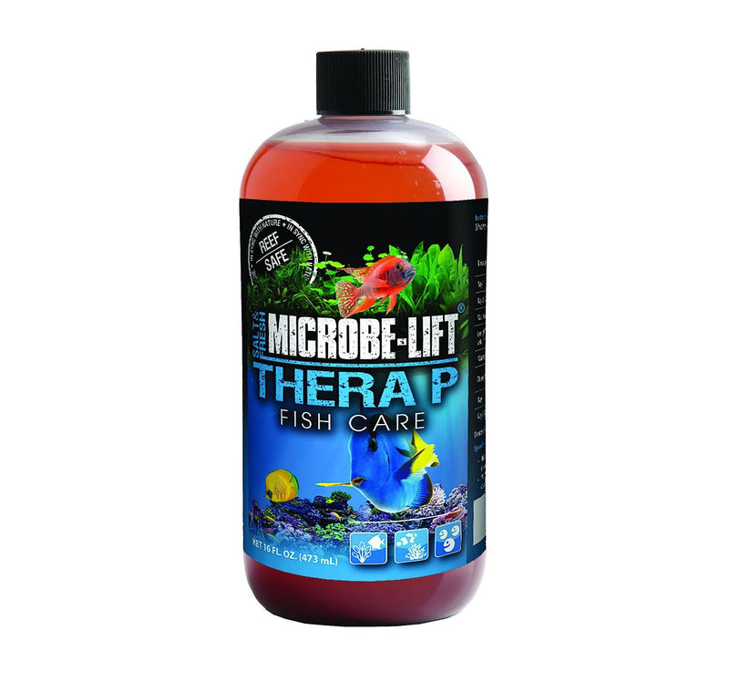 Microbe-Lift TheraP fish care treatment bottle with red liquid and colorful aquatic label design