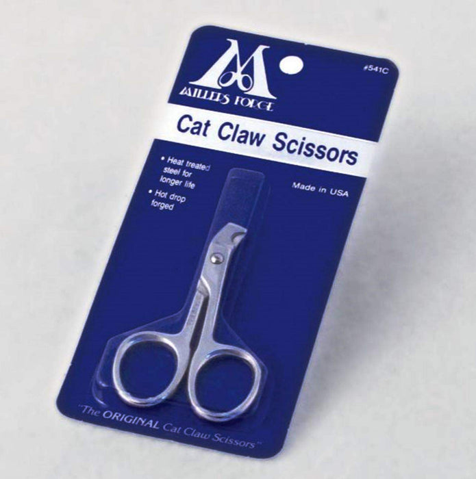 Millers Forge cat claw scissors in blue retail packaging showing curved stainless steel blades
